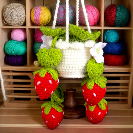 1Artificial Flowers，Handmade Crochet Strawberry Flower Pot Hanging Ornament，Handmade Crochet Strawberry Planting Hanging Ornament，7.8Inch Fabric Decoration，With Greenery，Suitable for living room and bedroom，Home Decoration，Car Decoration