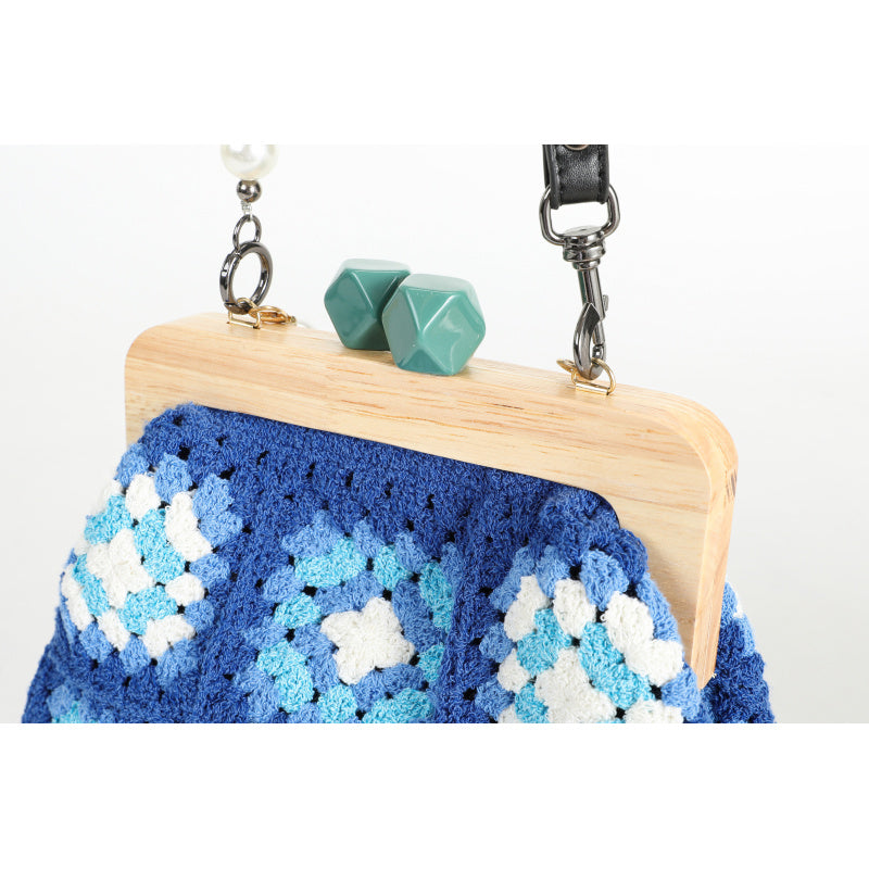 Vintage Handmade Blue Handicraft Crochet Hand Bag Flower Wooden Coin Purse Leather Shoulder Strap Bohemian Woven Handbag