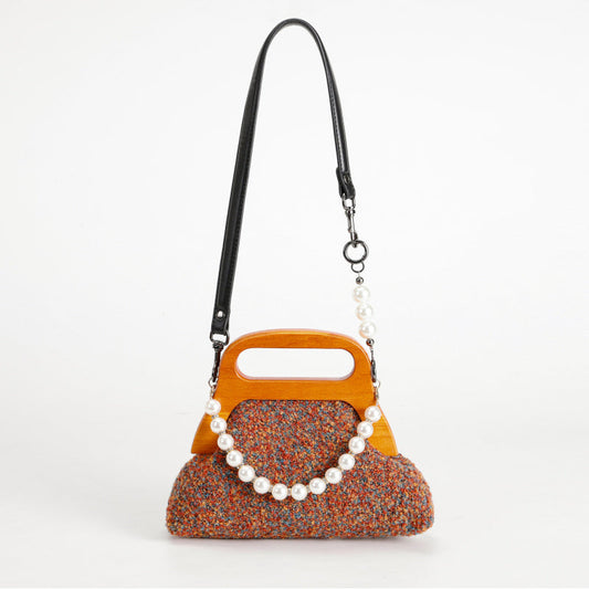 Elegant French Handbag Multicolored Wool Body Wood Handle Detachable Pearl Chain