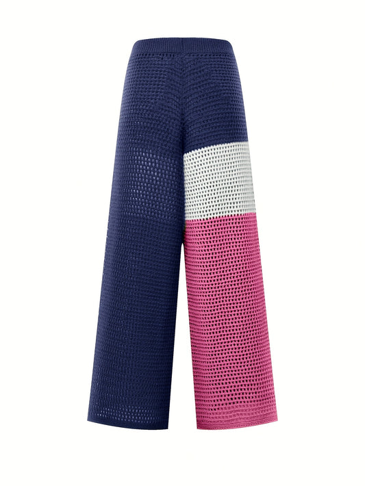 Plus Size Women's High-Stretch Wide-Leg Pants - Navy & Pink Contrast Color-Block Design with Drawstring Waist, Lightweight Breathable Casual Commuter Pants for Spring/Summer, Comfy Pants, Spring Summer Wear, Colorblock Style, Crochet Texture