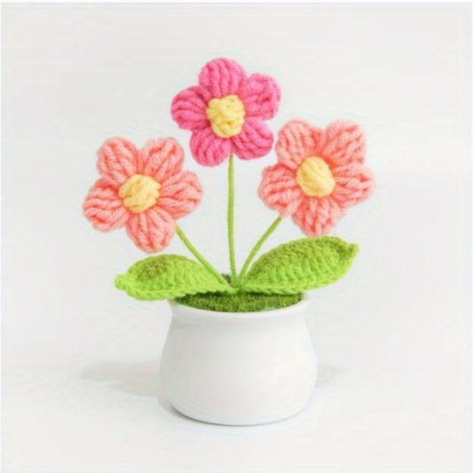 Handmade Crochet Flower Pot - 3Colorful and Vibrant Flowers，Green Lawn Base and White Flower Pot，Elegant Desktop Decoration，Suitable for Living Room、Home Office、Bookshelf Decoration，Exquisite Embroidery Design，Artist-grade Craftsmanship，DIY A must-have fo