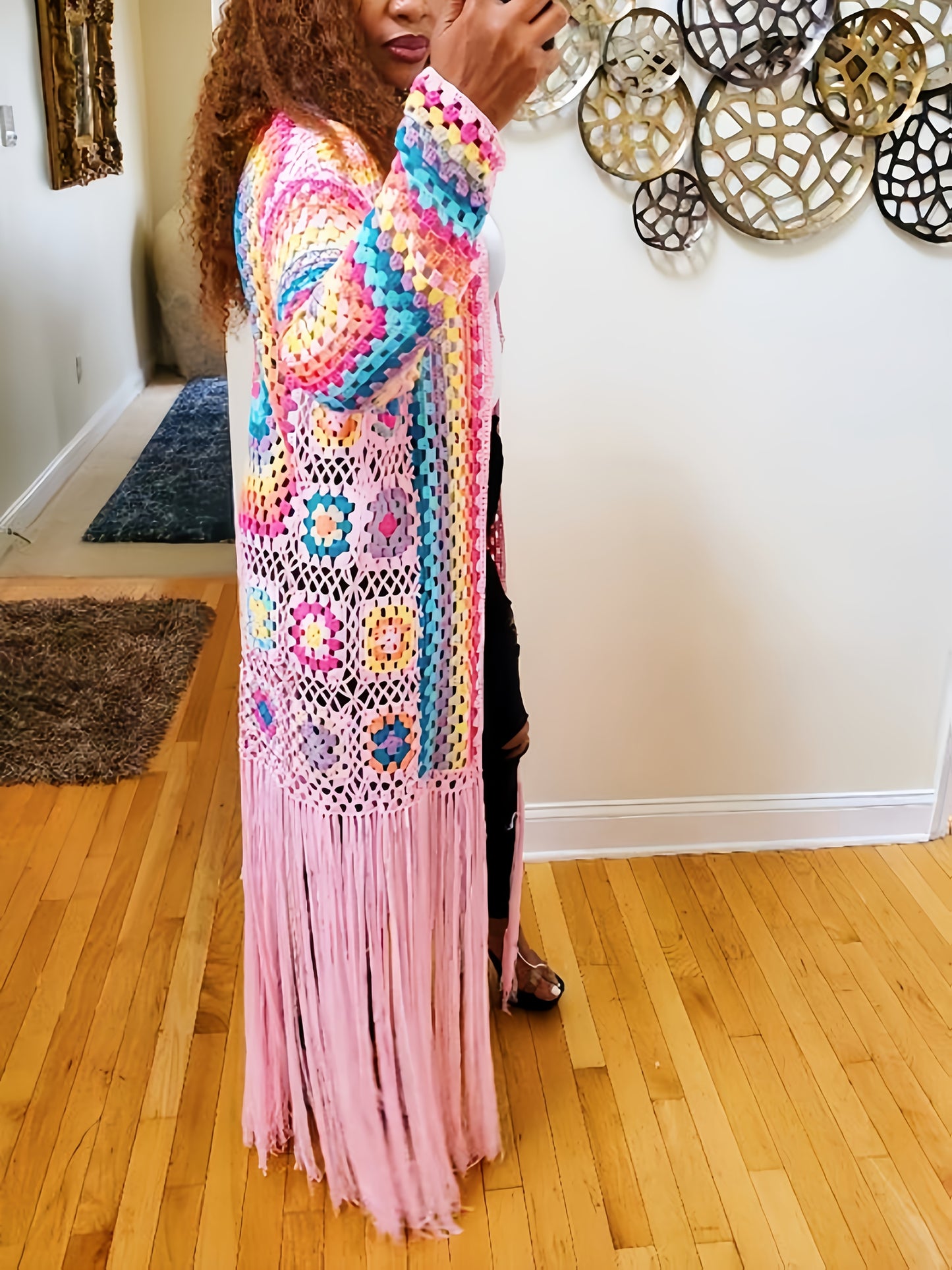 2025 Autumn Moroccan Kaftan Print Handmade Fringed Long Crochet Cardigan Cover-ups Women Clothing Beach Kimono Dresses A1215