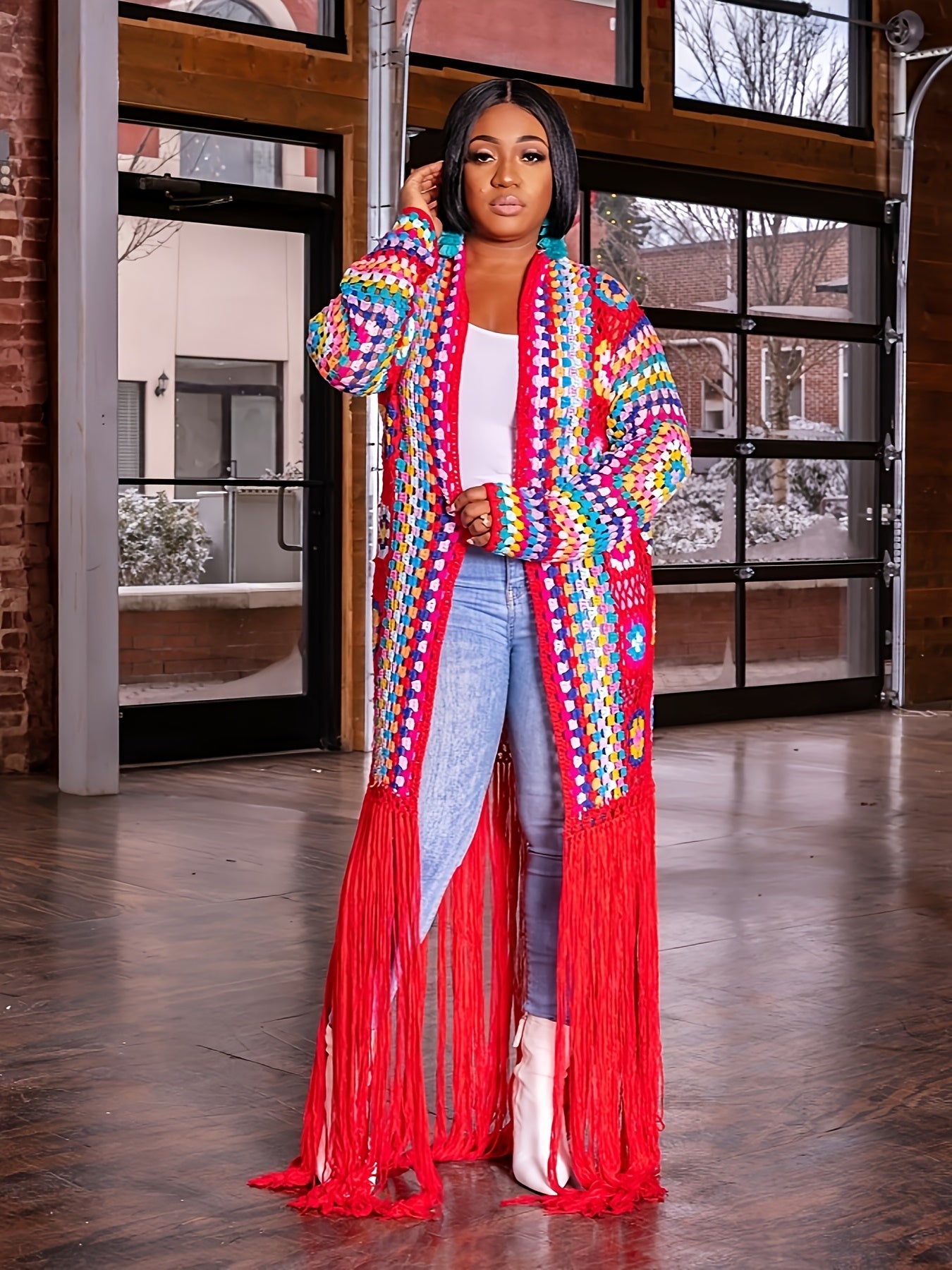 EDOLYNSA Handmade Hollow Crochet Long Sleeve Tassel Women'S Knit Jacket, Elegant Cropped Knit Cardigan, Ethnic Style, Casual, Sweater, Beach Cover-Up A121