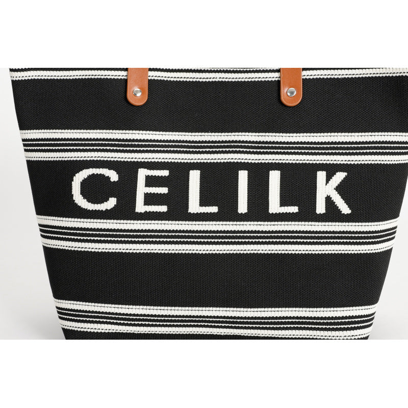 [CEILK Black and White Striped Tote]Large Capacity Commuter Bag Brown Leather Handle Simple Fashion Flying Woven Bag