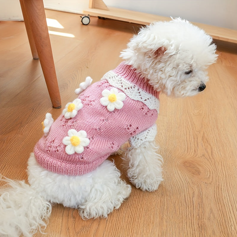 Small Dog Floral Knit Sweater - 100%Nylon Thermal Pullover，Pink white flower pattern，Suitable for Pomeranian、Bichon、Comfortable Autumn and Winter Dog Clothes for Small Breeds Like Poodles