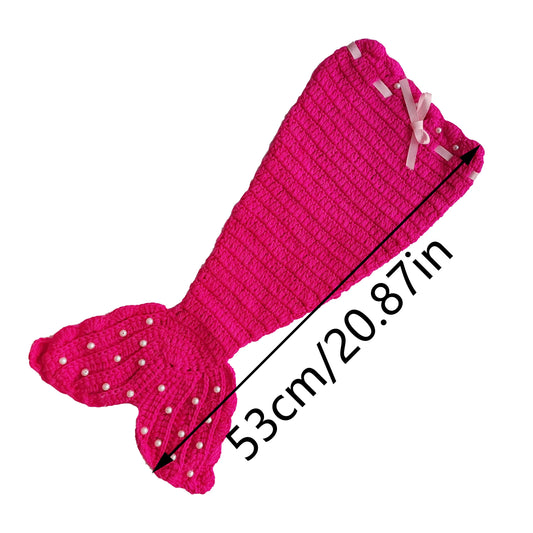 Children's Mermaid Theme Knitted Set - 3 Set，Including the train skirt、Bikini Top and Starfish Accessories，Very suitable for taking photos、Performance and festive costume，Red and magenta，Handmade Crochet，Photography Props，Holiday Gift