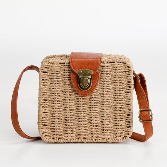 Vintage Mori Style Beige Woven Square Handbag Brown Leather Flip Metal Buckle Lock Commute Leisure Dual-Use Tote Bag