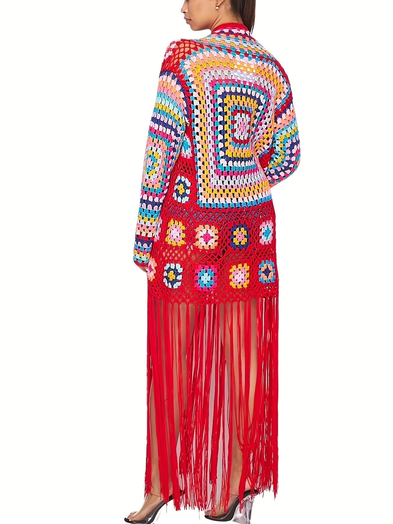 EDOLYNSA Handmade Hollow Crochet Long Sleeve Tassel Women'S Knit Jacket, Elegant Cropped Knit Cardigan, Ethnic Style, Casual, Sweater, Beach Cover-Up A121