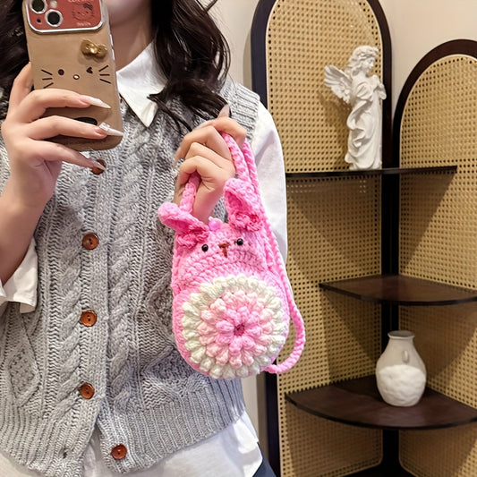 Handmade Crochet Rabbit Crossbody Bag - Adjustable Shoulder Strap，Cute Bunny Design，Suitable for mobile phones/Card/Change，Pink and yellow sweet style，Korean and Japanese Style Women's Fashion Accessories，Practical Small Bag，Fabric Craft，Simple Style，Soft