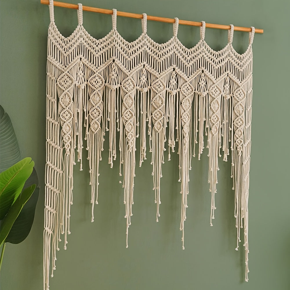 1Pieces Macrame Wall Hanging Bohemian Style Wall Decoration Tapestry Curtain Valance Short Door Curtain Handwoven Lace Tassel Leaf Curtain Partition Curtain - Does not include wooden sticks