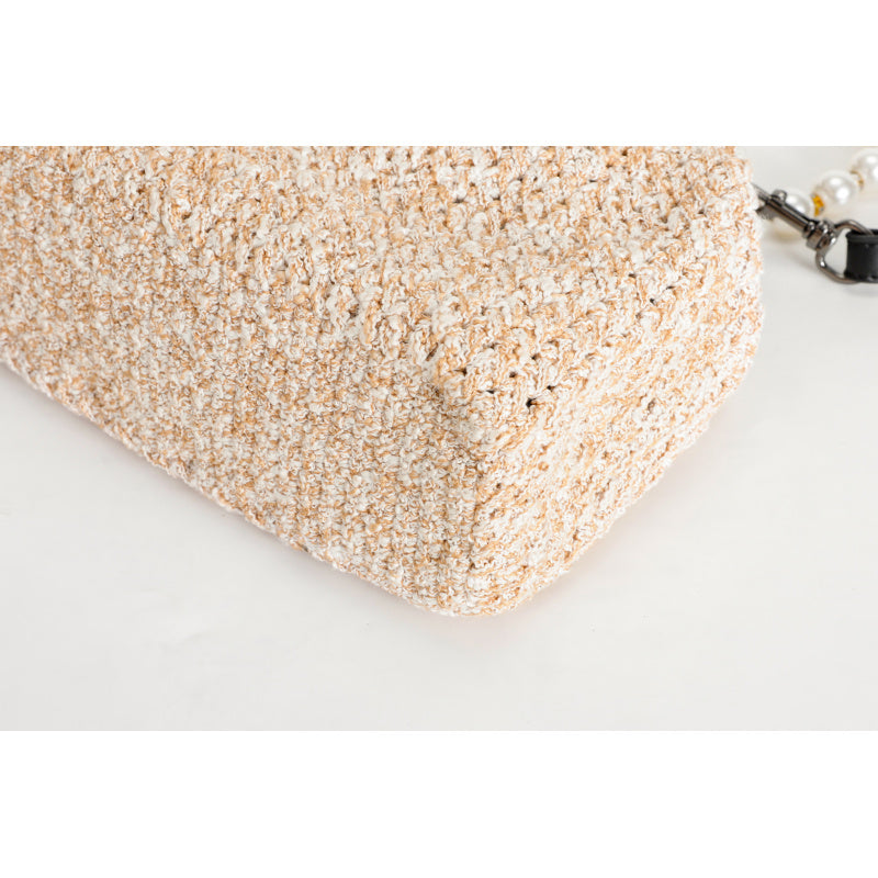 Sweet Pearl Decorative Beige Straw Cross Body Bag Black Leather Shoulder Strap+Pearl chain Entry Lux Elegant Women's Bag