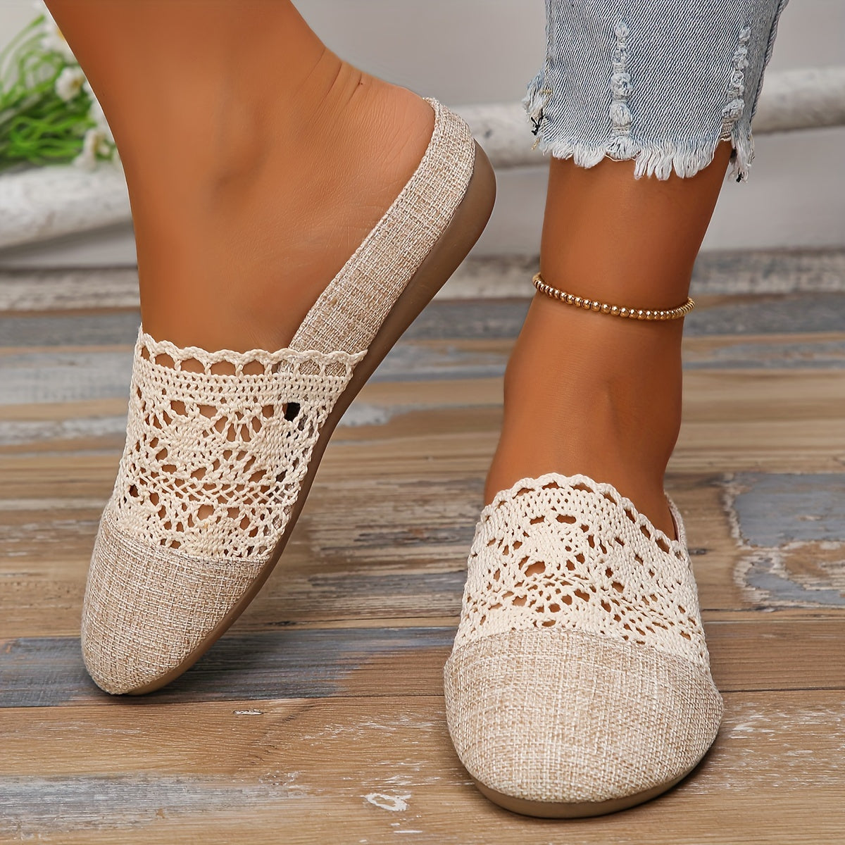 Women'S Casual Slip-On Mules - Breathable Linen and Mesh Summer Sandals, Flat Heel, Lightweight TPR Sole, Outdoor Comfort, Crochet Shoe Design | Knitted Texture Footwear, Comfortable Footwear | Crochet Pattern | Breathable Sandals
