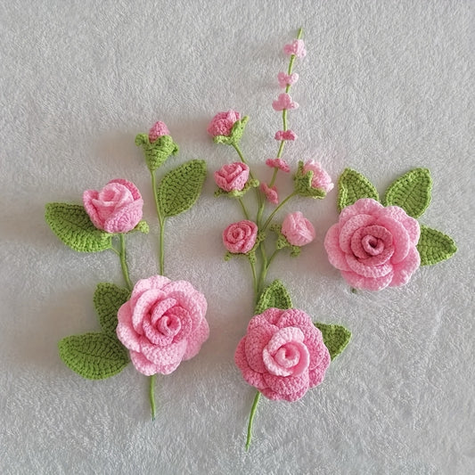 1Bohemian Crochet Flower Decorative Wall Hanging Set，DIY Interesting Spring Pink Floral Home Decor，Knitted Rose Artificial Flower Wall Hanging Decoration，Gift for Family、Friends、A housewarming gift for a colleague's new home