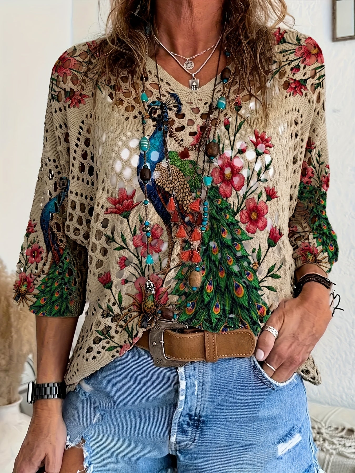 [Bohemian Crochet Top] Bohemian Peacock Floral Print Crochet Top - V-Neck, Batwing Sleeves, Sun Protection | Women's Casual & Vacation Wear, Spring/Summer Fashion, Vacation Attire, Crochet Texture