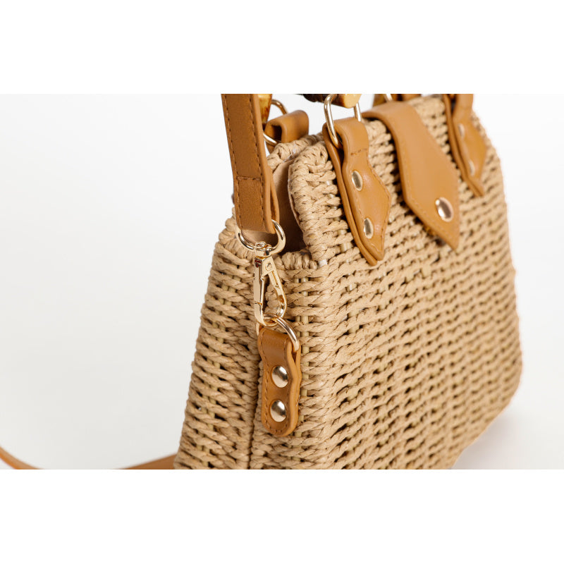 Mori Braided Handbag Imitation Bamboo Handle Cowhide Decorative Tote Bag Metal Rivet Buckle Non-Slip Foot Pad Crossbody Commuter Vacation Bag