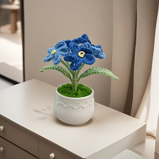 Forget-me-not Crochet Potted Plant - Handmade Floral Yarn Desk Home Decoration（Mini Bohemian Style Gift）