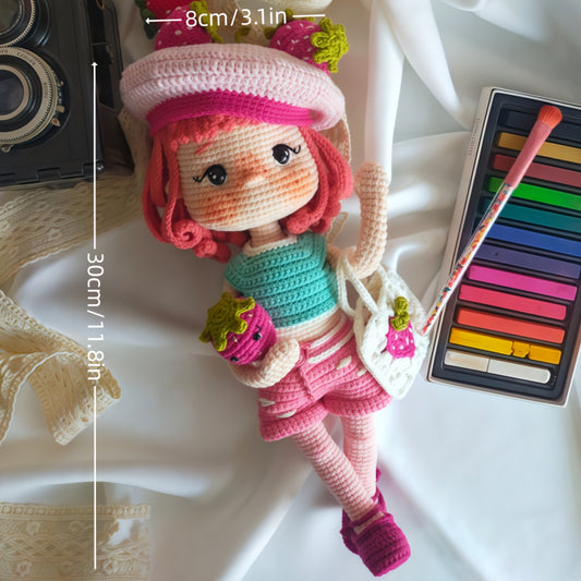 1Princess Beginner Crochet Kit，Crochet Kit for Adults，With Step-by-Step Textual Tutorial，Strawberry Hat Girl DIY Woven Kit，Cute and Fun Spring Summer Home Decor Ornaments，Birthday Valentine's Day Holiday Gifts