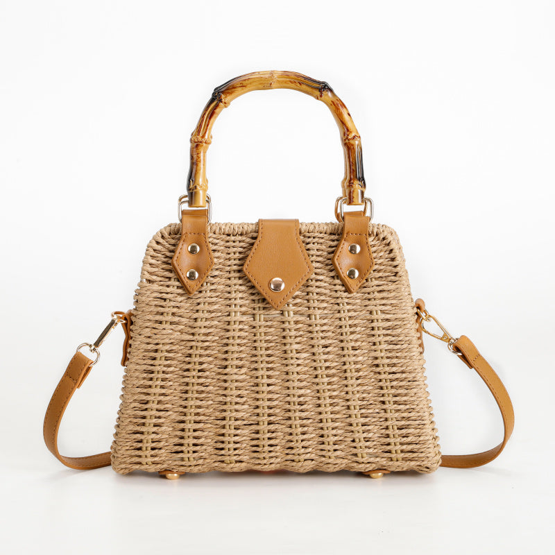 Mori Braided Handbag Imitation Bamboo Handle Cowhide Decorative Tote Bag Metal Rivet Buckle Non-Slip Foot Pad Crossbody Commuter Vacation Bag