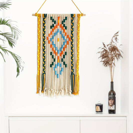 A Bohemian Style Handwoven Tapestry - Cotton blend fabric with tassels，Suitable for Bedroom、Living Room、Dormitory Decoration - No Electricity Required，Featherless Bohemian Decorative Piece