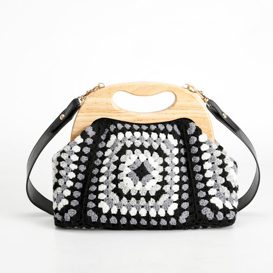 Vintage Handmade Black and White Crocheted Wooden Handle Crossbody Bag Leather Long Shoulder Strap+Metal Fasteners Mori Artistic Woven Bag