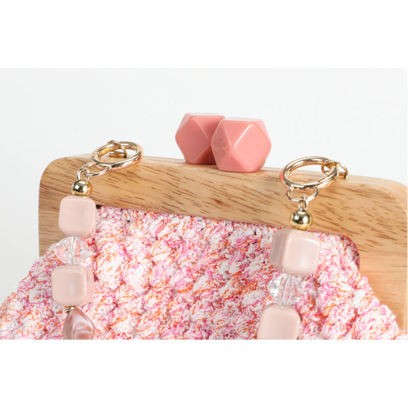 Sweet Retro Pink Hand-Woven Handbag Wooden Handle+Beaded Chain Mori Style Girl's Crossbody Bag