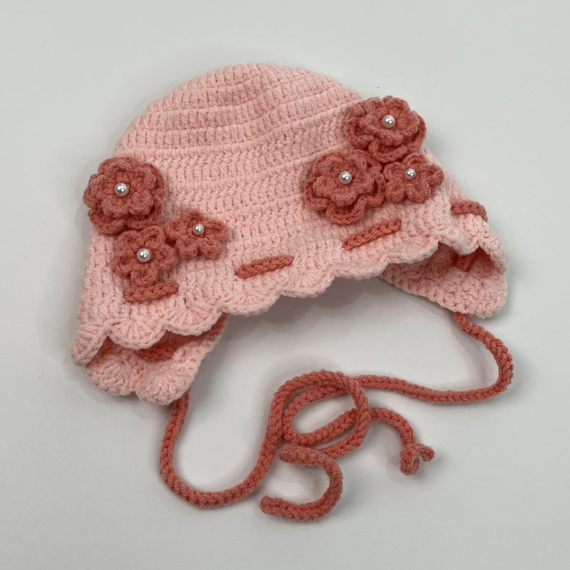 Customized products Handmade Crocheted Flower Decorated Baby Hat Cute Drawstring Baby Hat