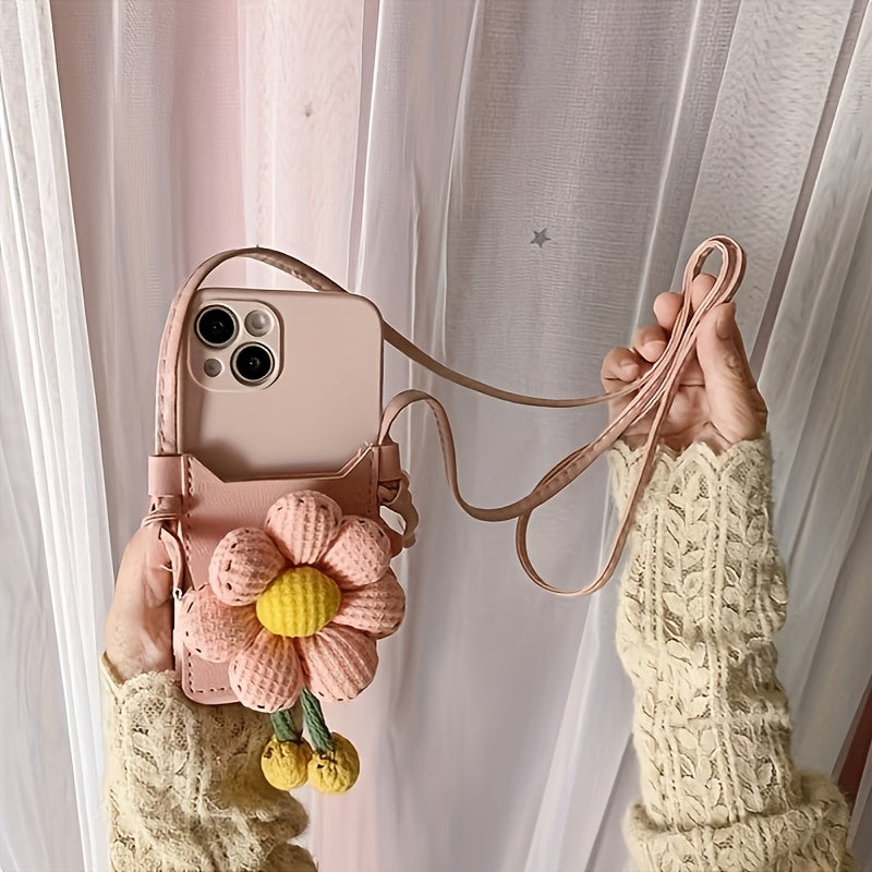 Suitable for Apple16/14 Pro Max Pink Floral Wristband Phone Case，Suitable iPhone 13and New12Crossbody Design。