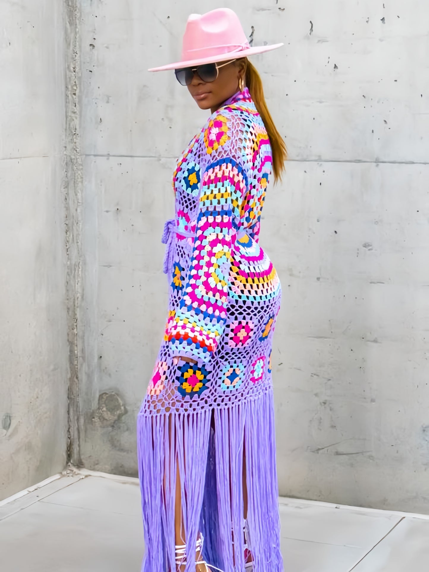 [Casual Knitted Cardigan] Long-Sleeved Women's Knitted Open-Front Cardigan - Casual Tassel Hollow Hand-Crocheted Long Coat for Women Swimsuit Cover-Ups A1215