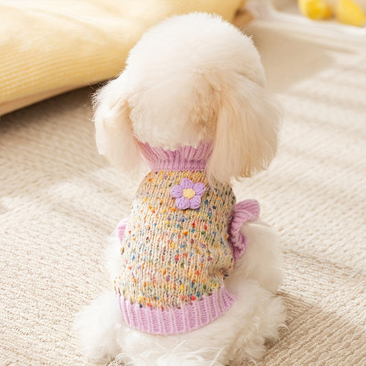 Autumn Winter Dog Sweater - Colorful Floral Pattern Knit Pullover with Ruffle Trim，Warm and Soft Small Dog Clothing，plaid Pet Clothes for Cold Weather，High Quality Craft