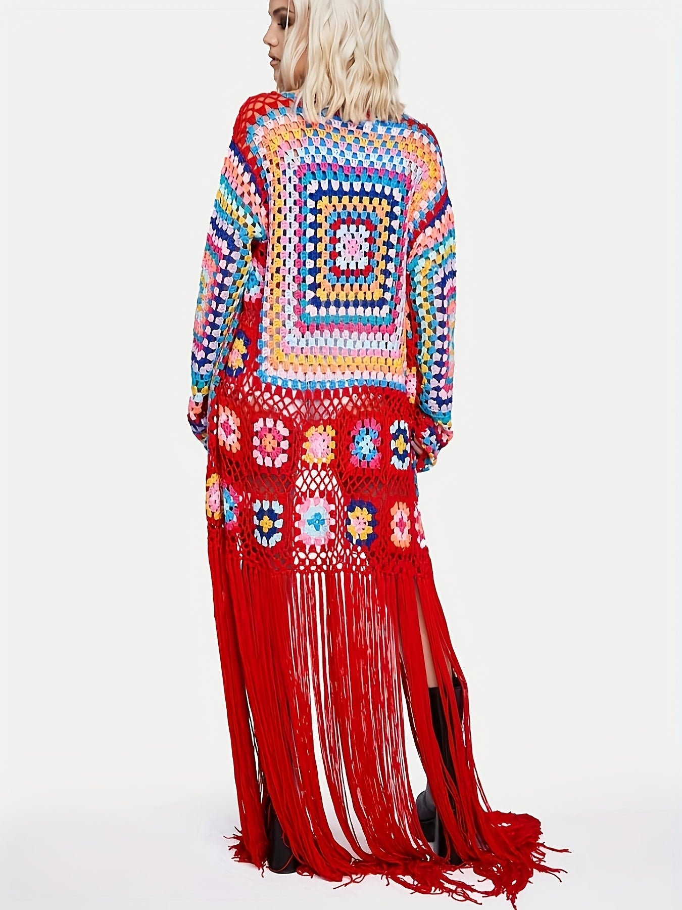 [Casual Knitted Cardigan] Long-Sleeved Women's Knitted Open-Front Cardigan - Casual Tassel Hollow Hand-Crocheted Long Coat for Women Swimsuit Cover-Ups A1215