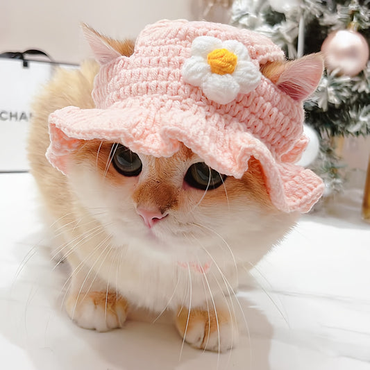 Elegant Crochet Cat Hat，With cute little bunny ears、Ruffle and Floral Decoration - Soft 100% Polyester Material - Perfect for Birthday、Festive and Travel Photos - Ideal for small to medium-sized cats - Cute Pet Accessories、Travel Photo Accessories | Rabbi