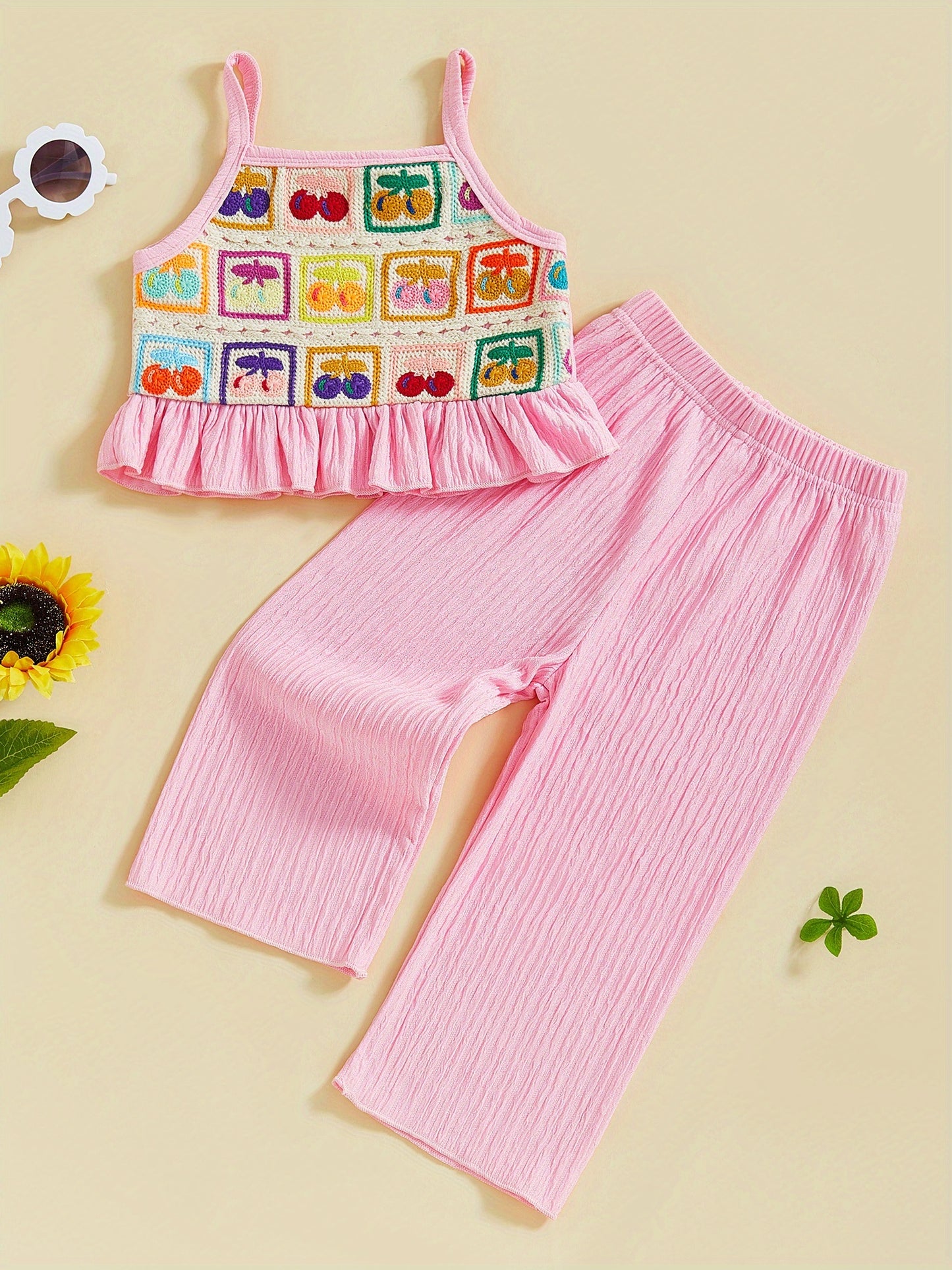 Toddler Girl 2 Decorative Flowers in Bulk/Fruit Rolled Hem Tank Tops and Elastic Pants Set Baby Summer Outfits，Outdoor
