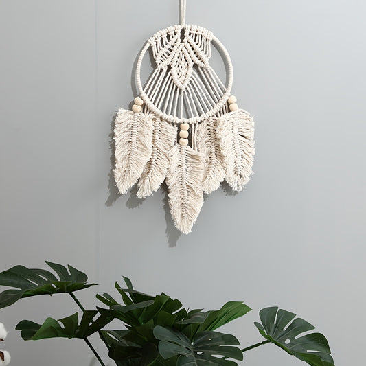 Bohemian Style Rope Wall Hanging Nordic Style Handwoven Hanging Decoration Cotton Rope+Wooden Bead Decorative Hanging Suitable for Bedroom Living Room Hallway Wall