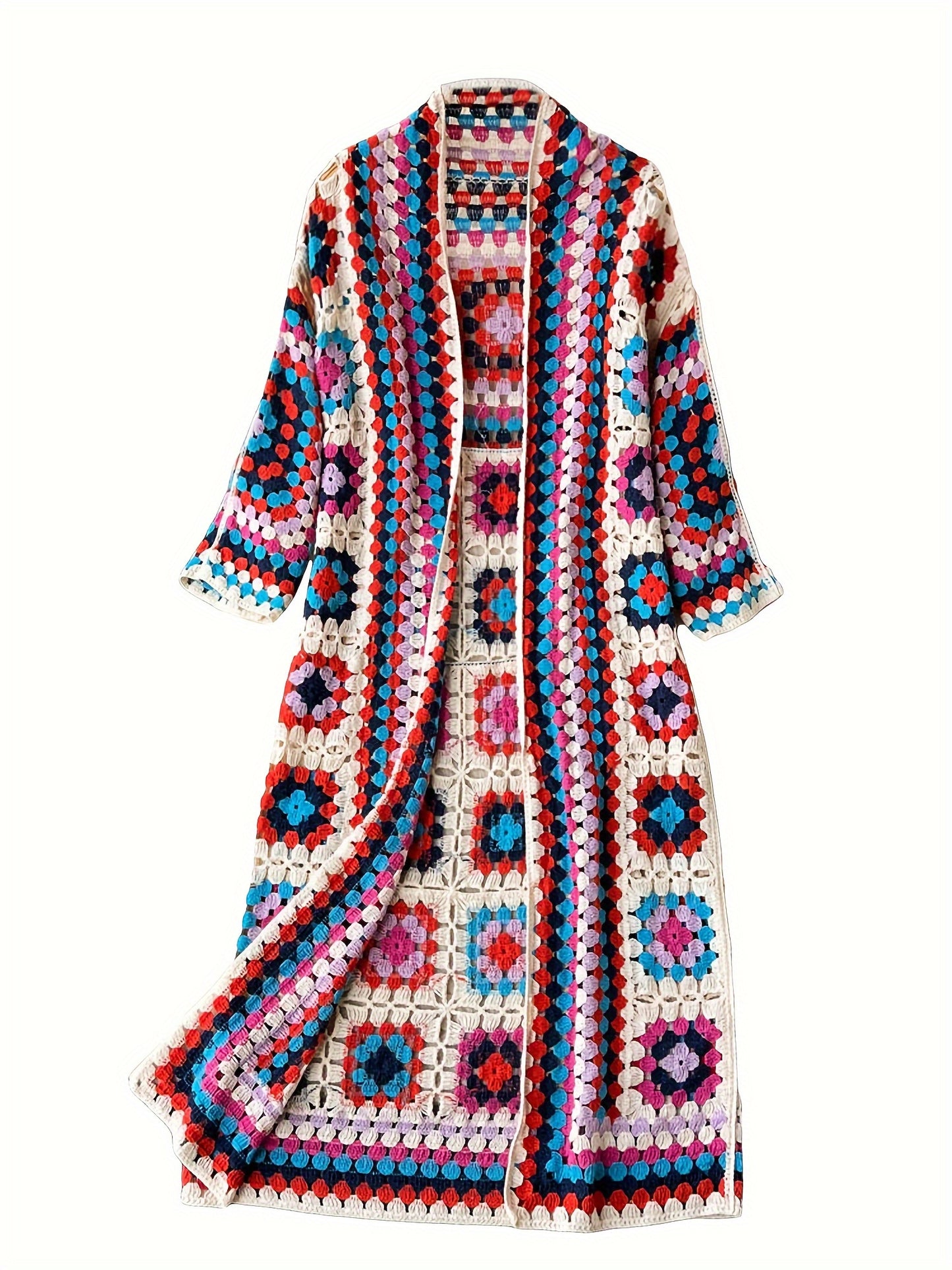 Women's Bohemian Crochet Floral Cardigan - Open Front Long Sleeve Lace Sweater with Vibrant Floral Print, Machine Washable All-Season Casual Outwear Coat, Crochet Cardigan, Stylish Layering, Detailed Craftsmanship