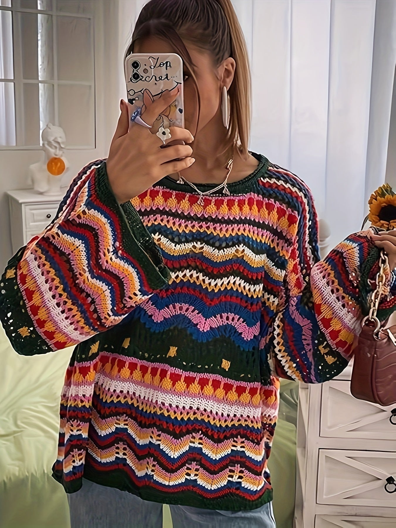 Plus-Size Women's Bohemian Color-Block Sweater - Semi-Sheer Drop Shoulder Crochet Top with Round Neck, Short Length & All-Season Casual Elegance, Crochet Sweater, Relaxed Fit Top, Vacation Style Clothing, Semisheer Fabric